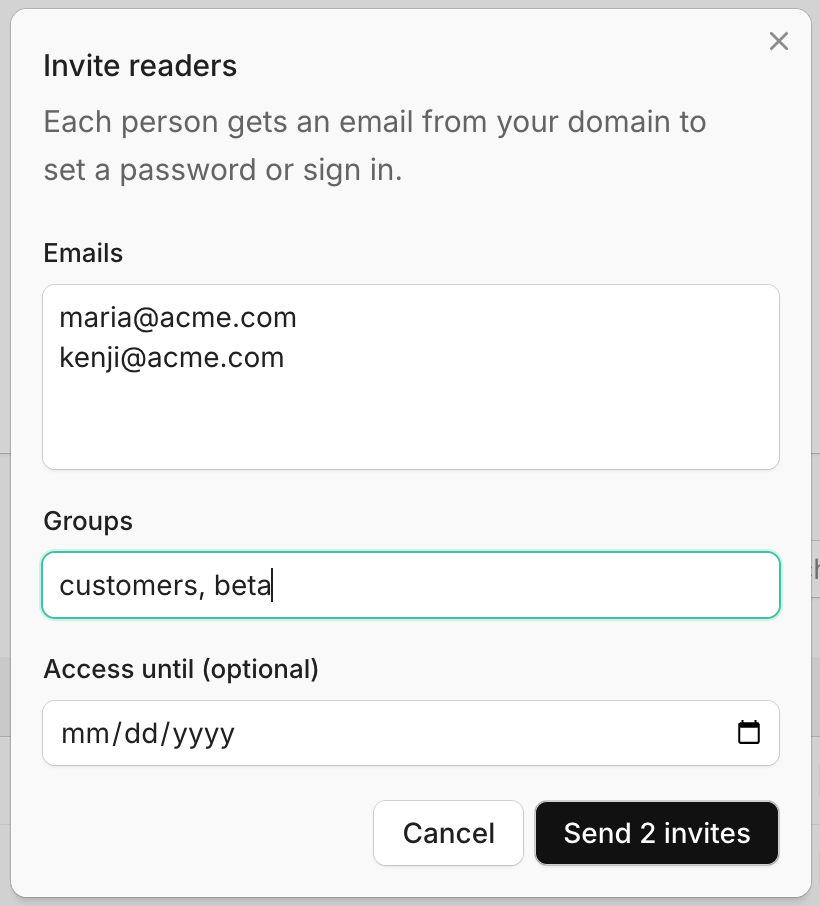 The Invite readers dialog with two acme.com email addresses, the customers and beta groups, and an empty Access until date.