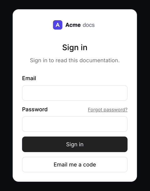 A reader enters jordan@acme.com on the Acme docs sign-in page, clicks Email me a code, and sees a prompt to enter the 6-digit code from the email.