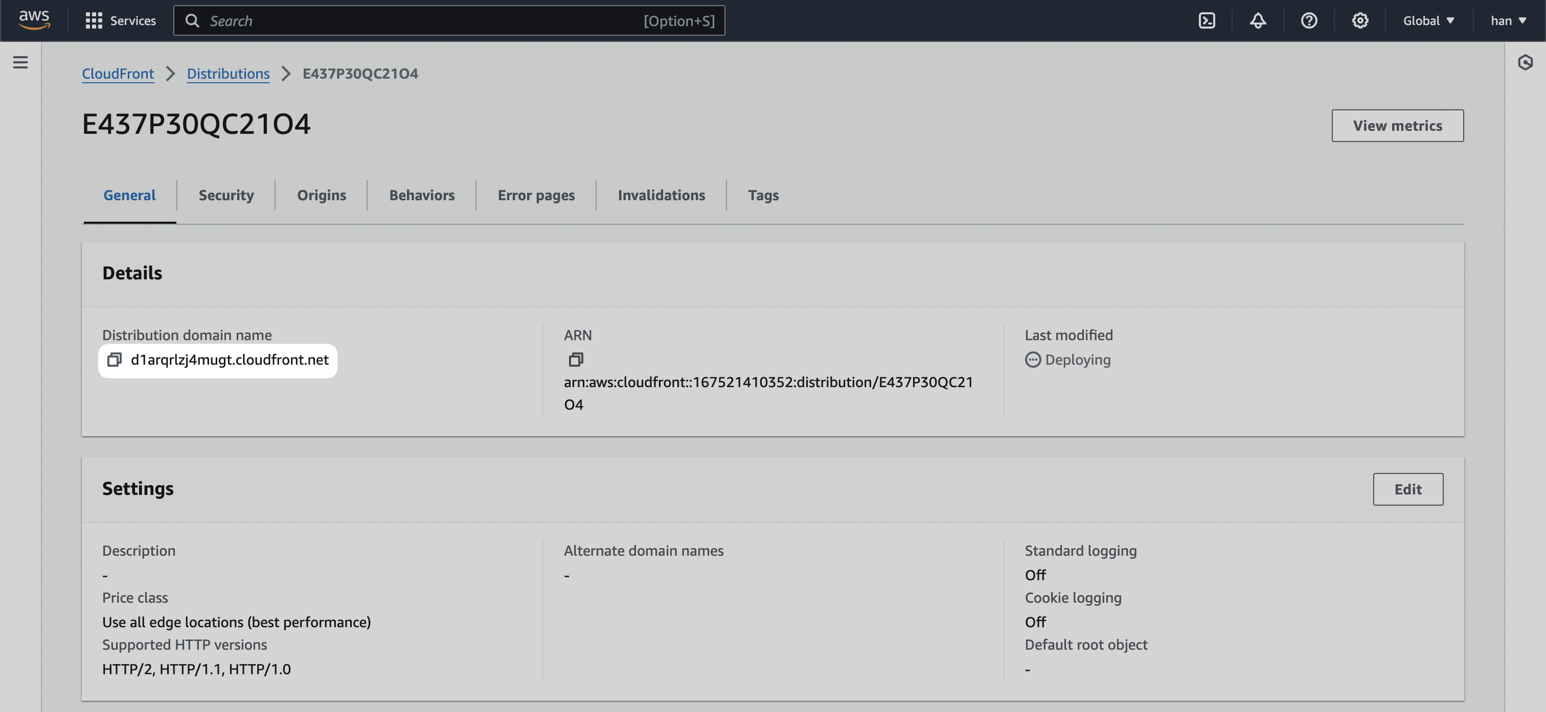 CloudFront "General" tab with the "Distribution domain name" URL highlighted.