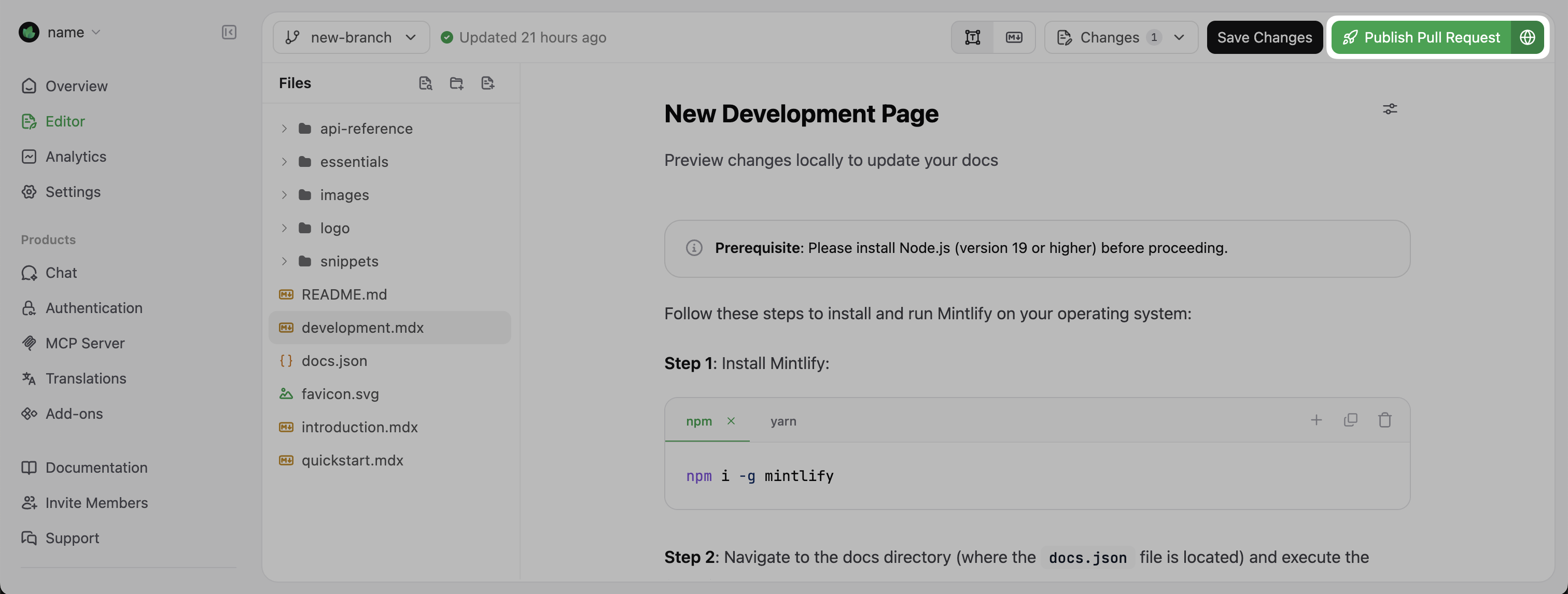 Publish pull request button emphasized in the Mintlify web editor
