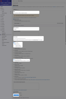 The Webhook page in the GitLab dashboard. The settings to configure for Mintlify are highlighted.
