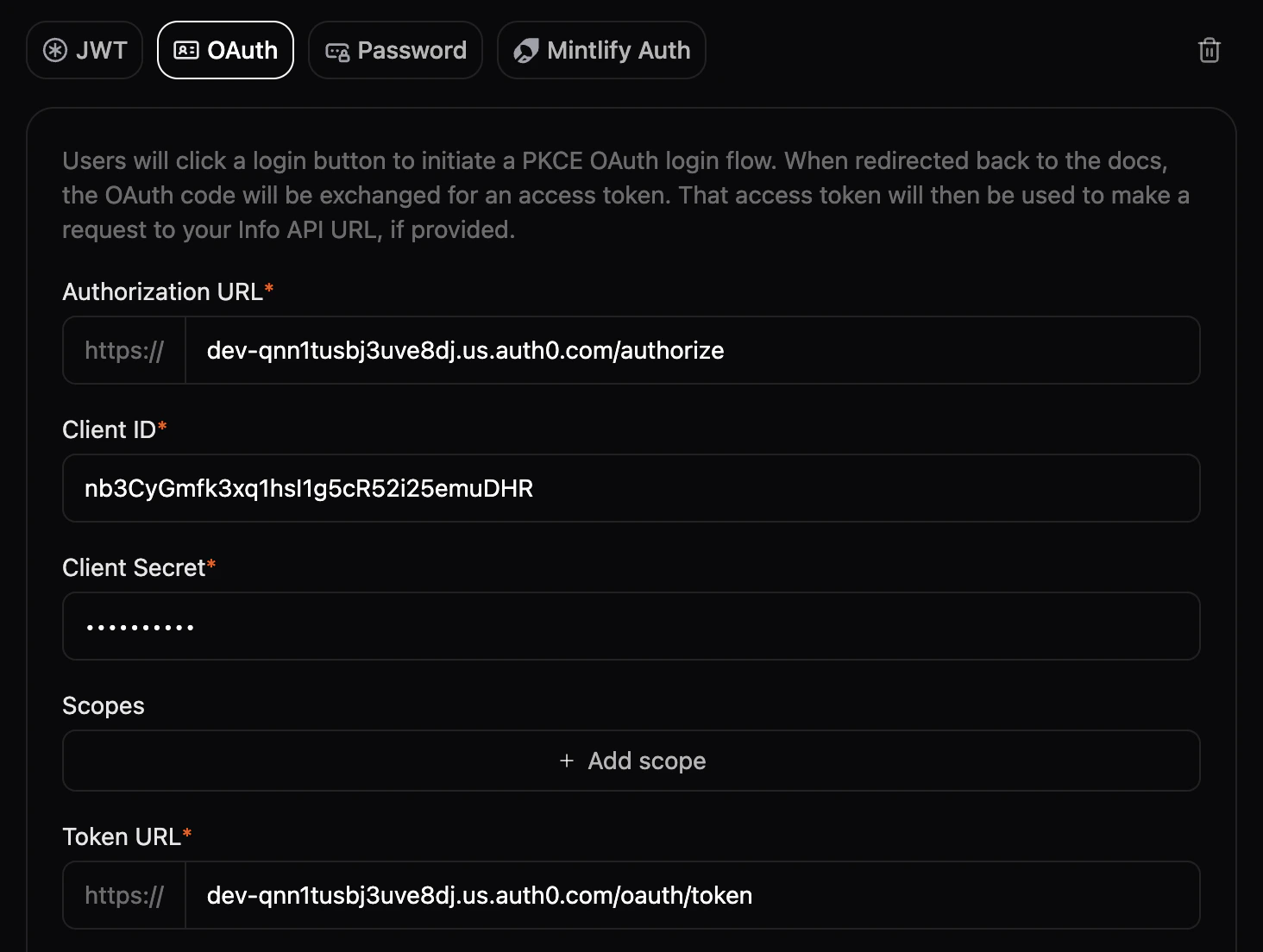 Mintlify OAuth client settings