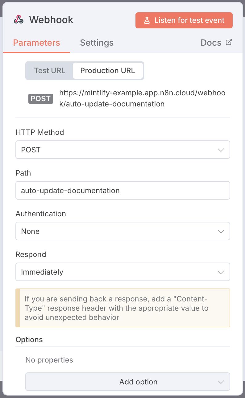 Screenshot of the configurations for the webhook node.