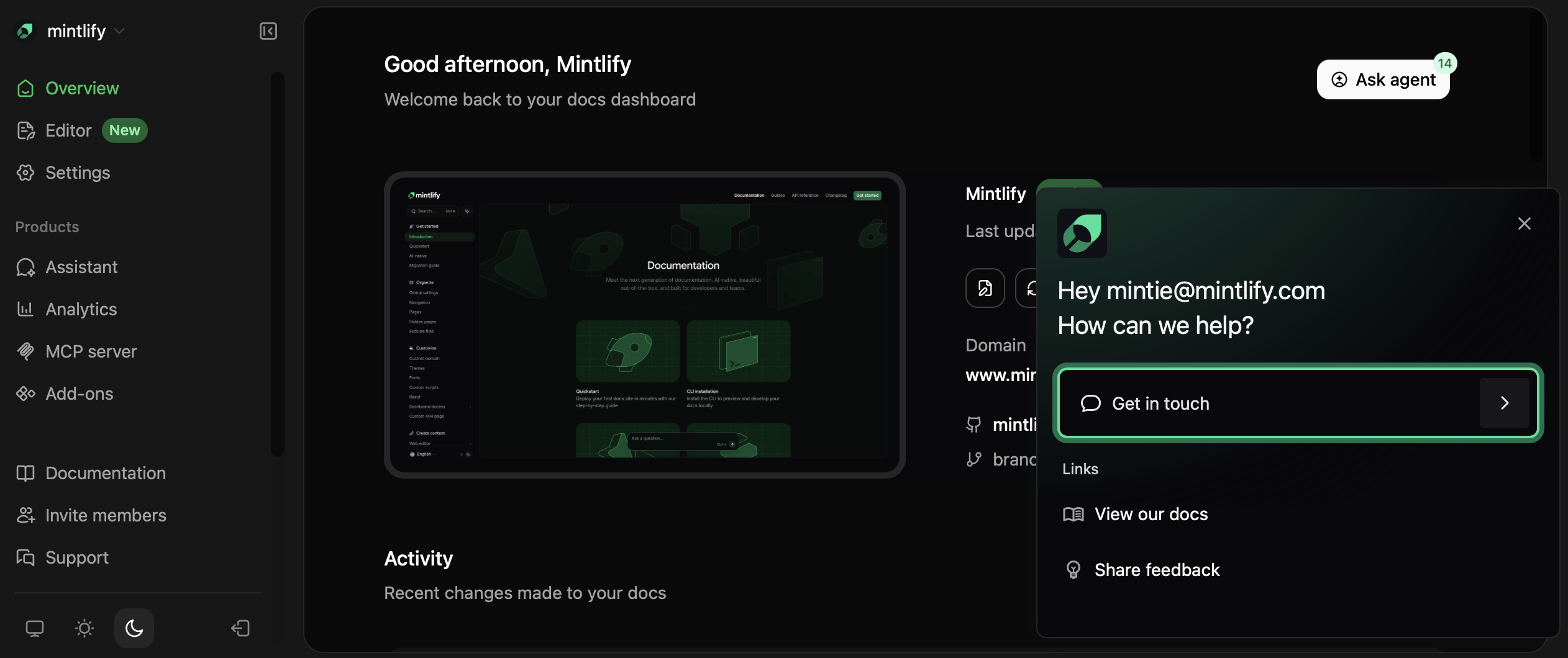 Contact support panel open in the dashboard.