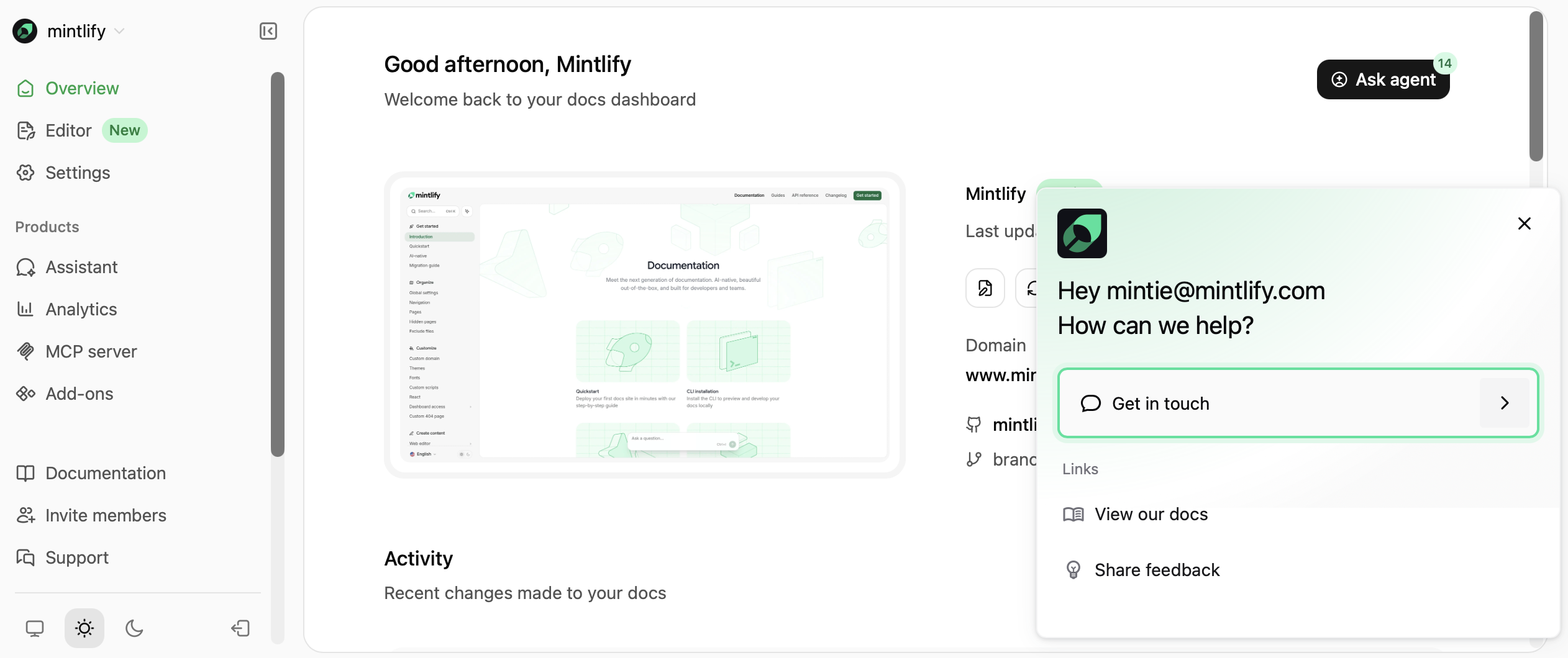 Contact support panel open in the dashboard.