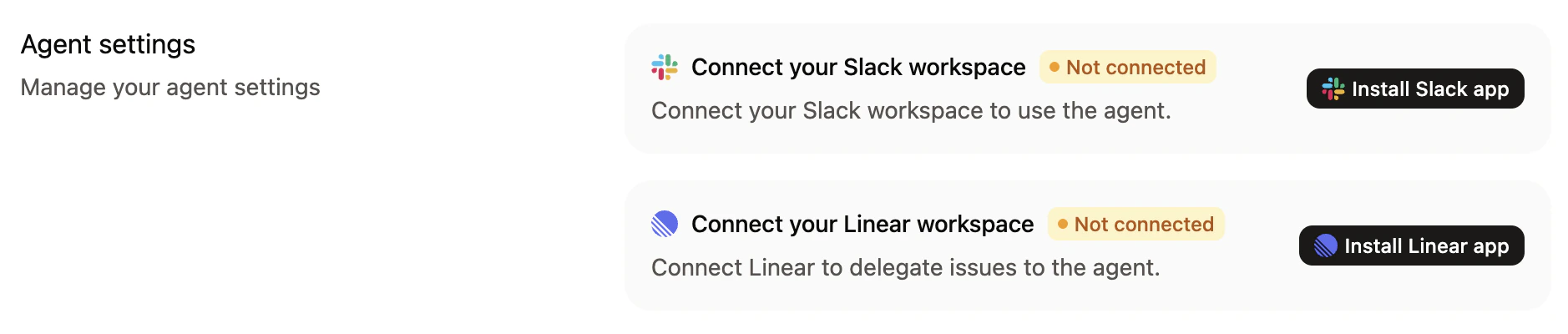 The App settings section with the Slack and Linear install buttonsi.