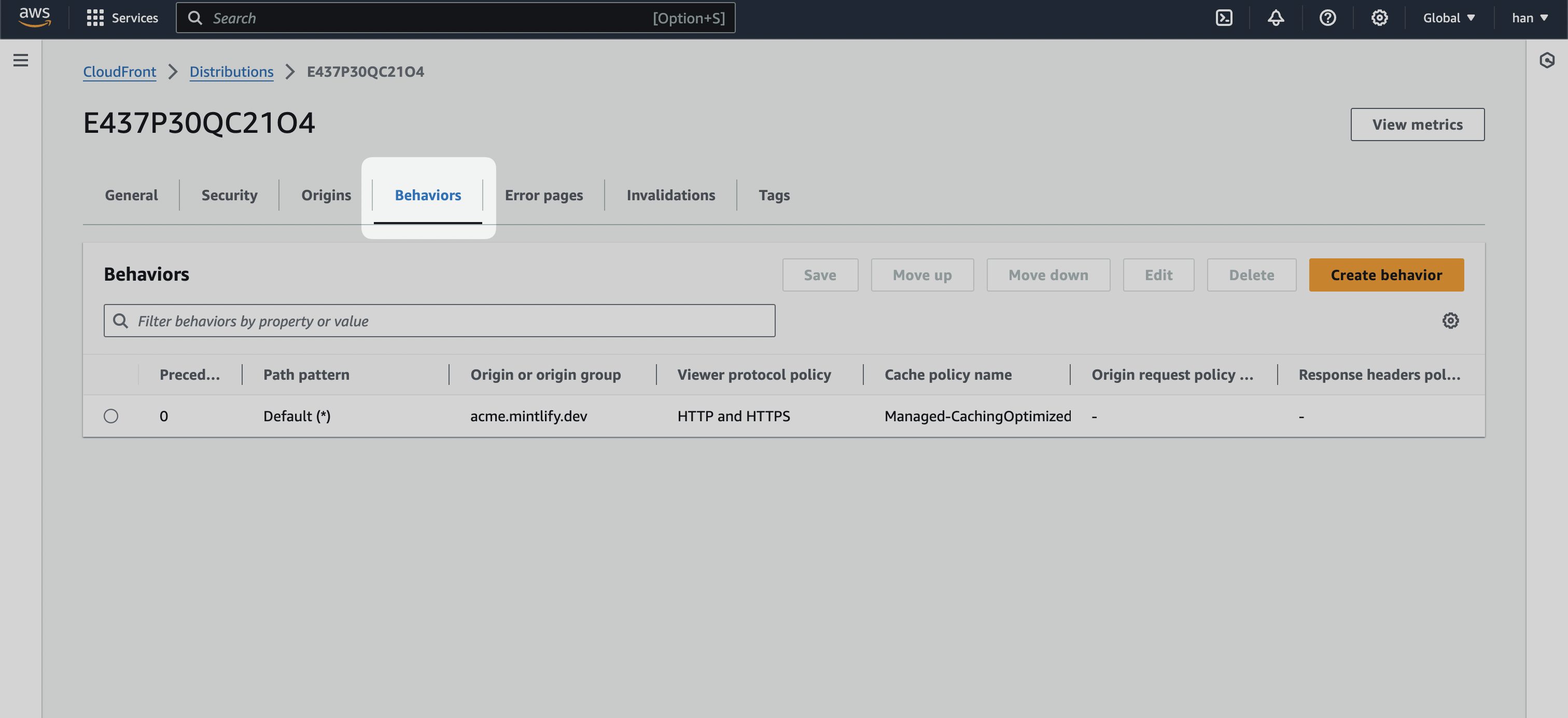 CloudFront "Behaviors" tab highlighted.
