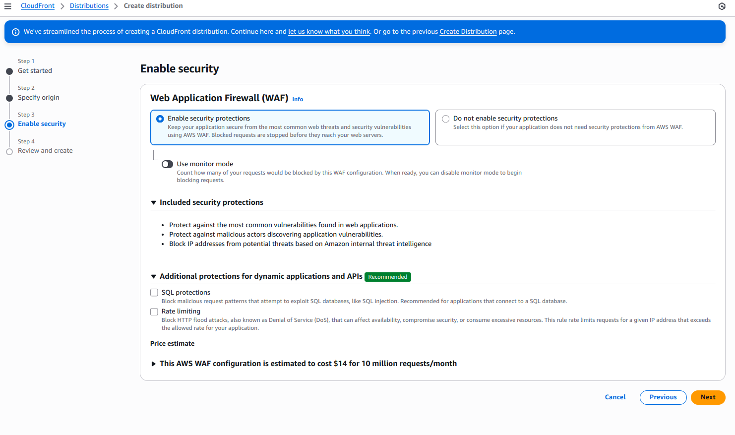 Web Application Firewall (WAF) options with "Enable security protections" selected.