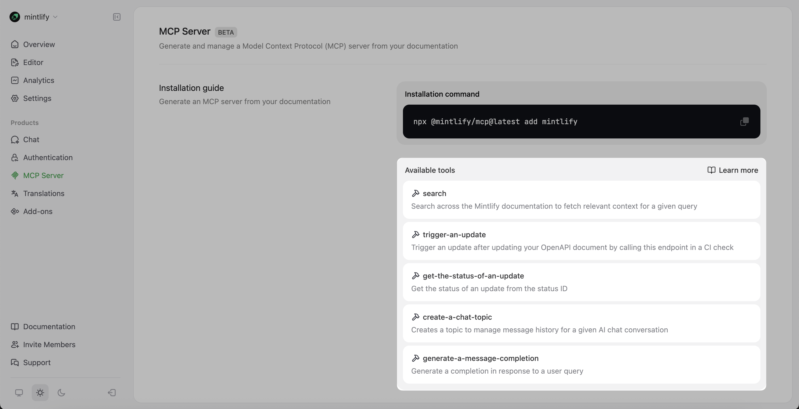 MCP dashboard with Available tools section emphasized