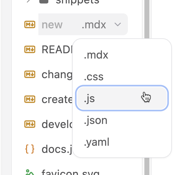 File extension menu in the visual editor.