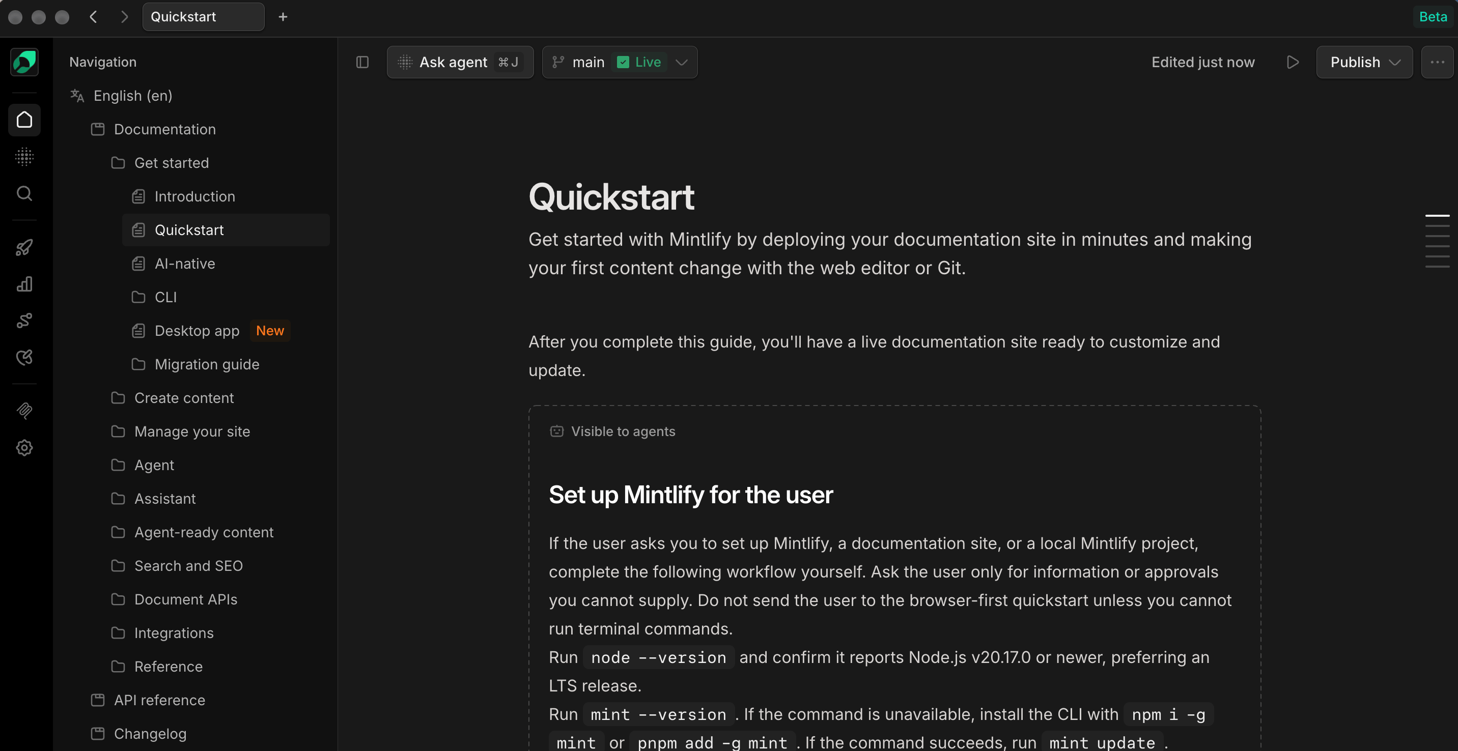The desktop app opened to the Mintlify quickstart page.
