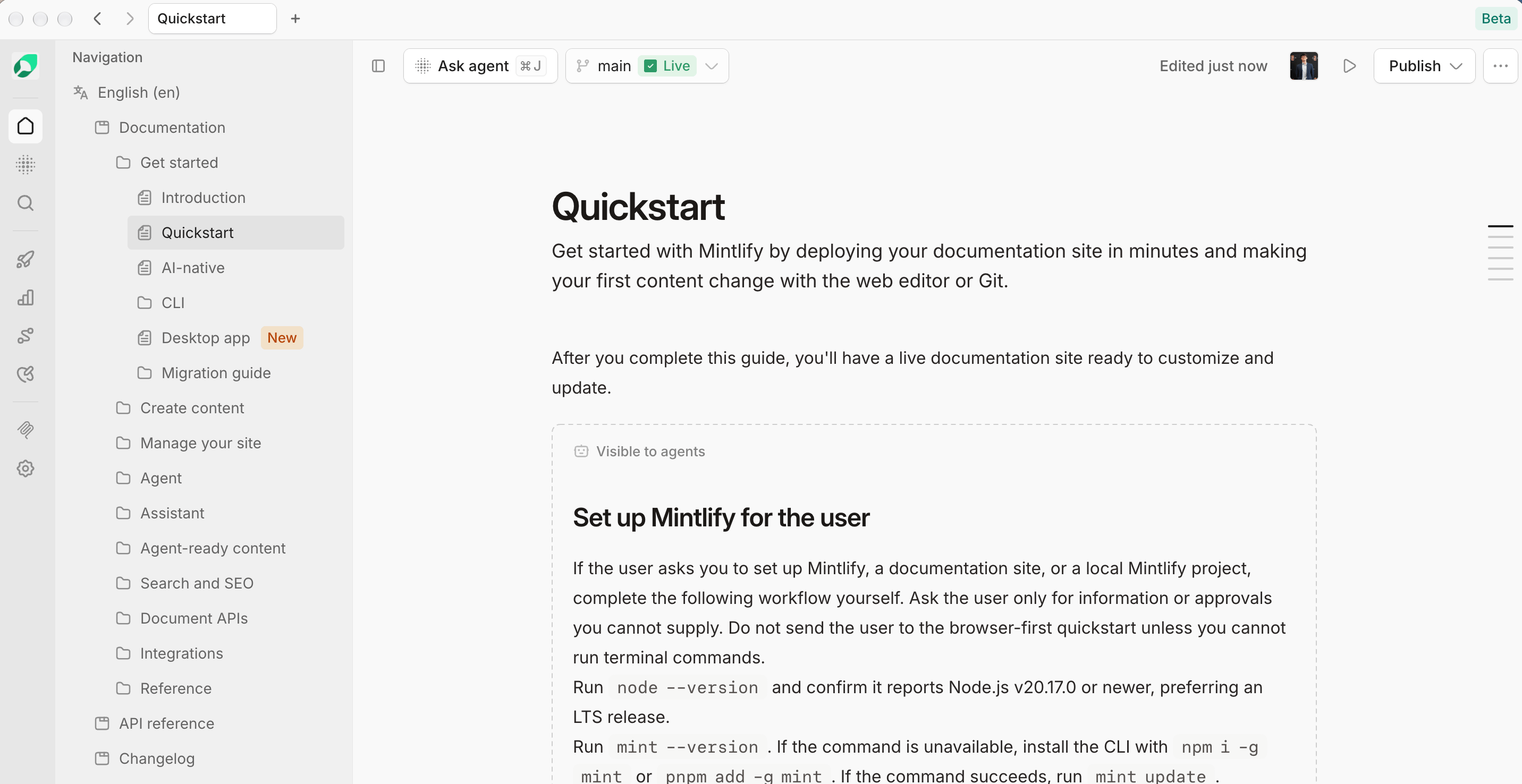 The desktop app opened to the Mintlify quickstart page.