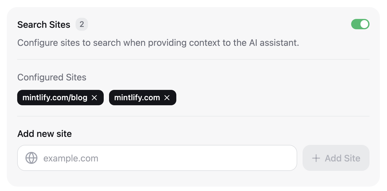 Le panneau de recherche de sites de l’Assistant dans le Dashboard. L’Assistant est configuré pour rechercher les domaines mintlify.com et mintlify.com/blog.