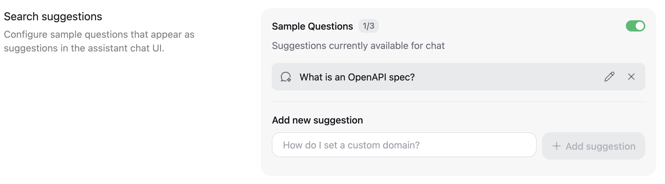 Le panneau Suggestions de recherche dans le Dashboard. « What is an OpenAPI spec? » est configuré comme exemple de question.