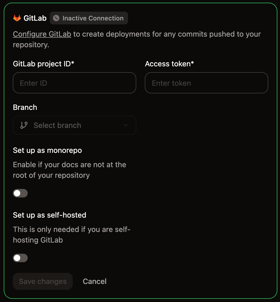 The GitLab configuration panel in the Git Settings page of the Mintlify dashboard.