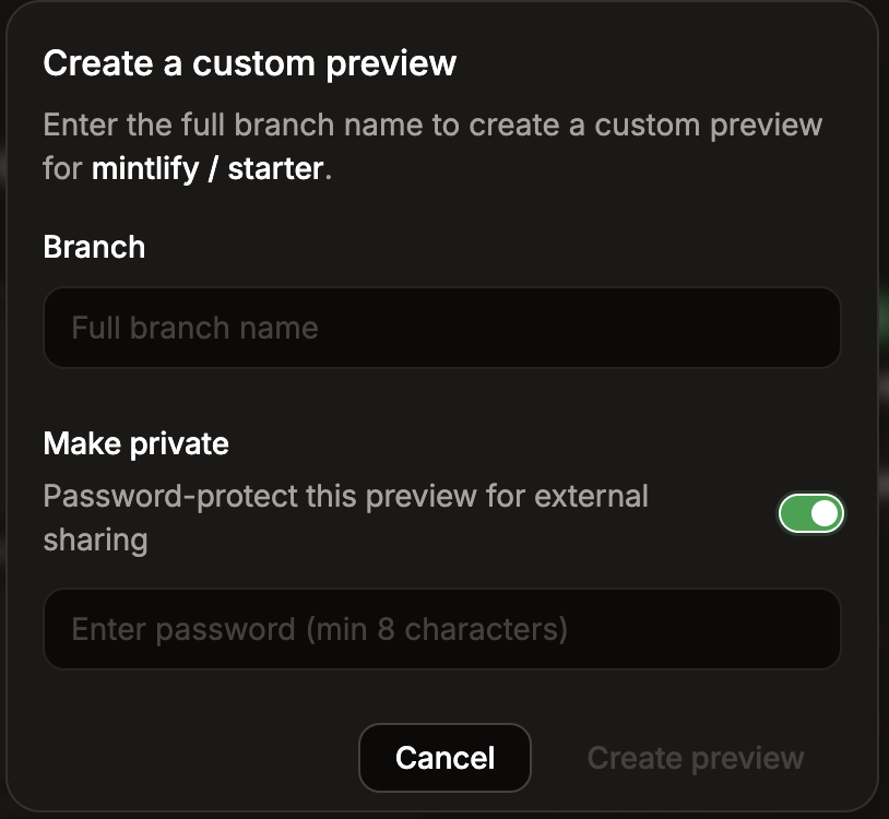 The Create a custom preview modal with the Make private toggle enabled and a password field.