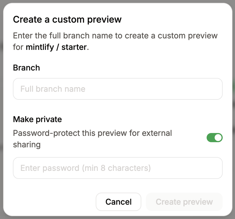 The Create a custom preview modal with the Make private toggle enabled and a password field.