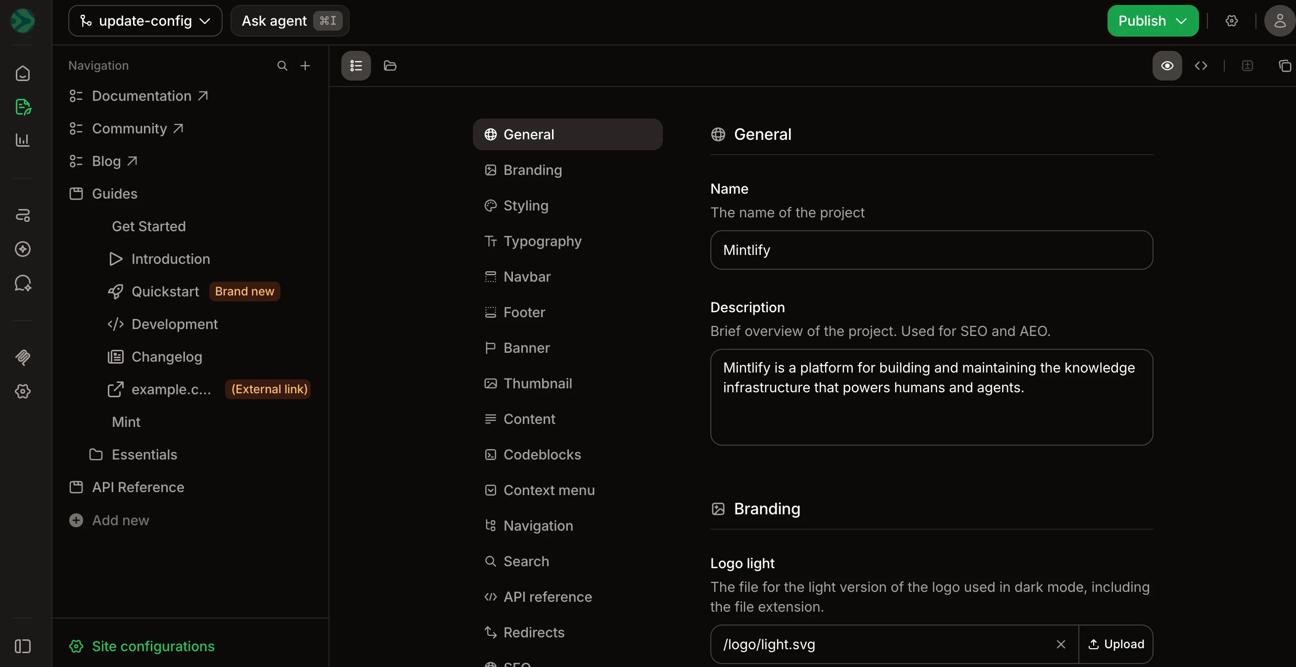 Configurations menu in the editor.