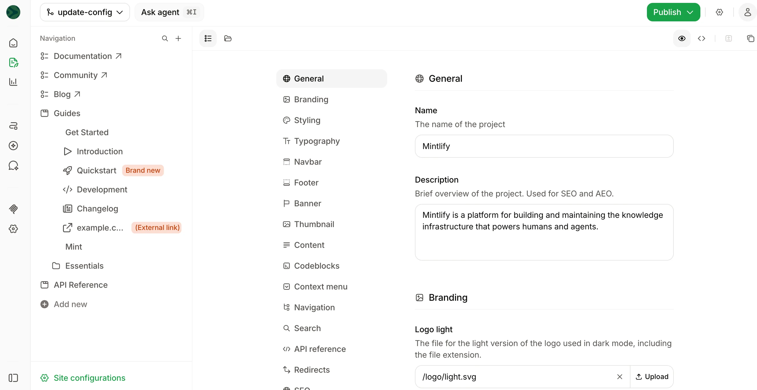 Configurations menu in the editor.