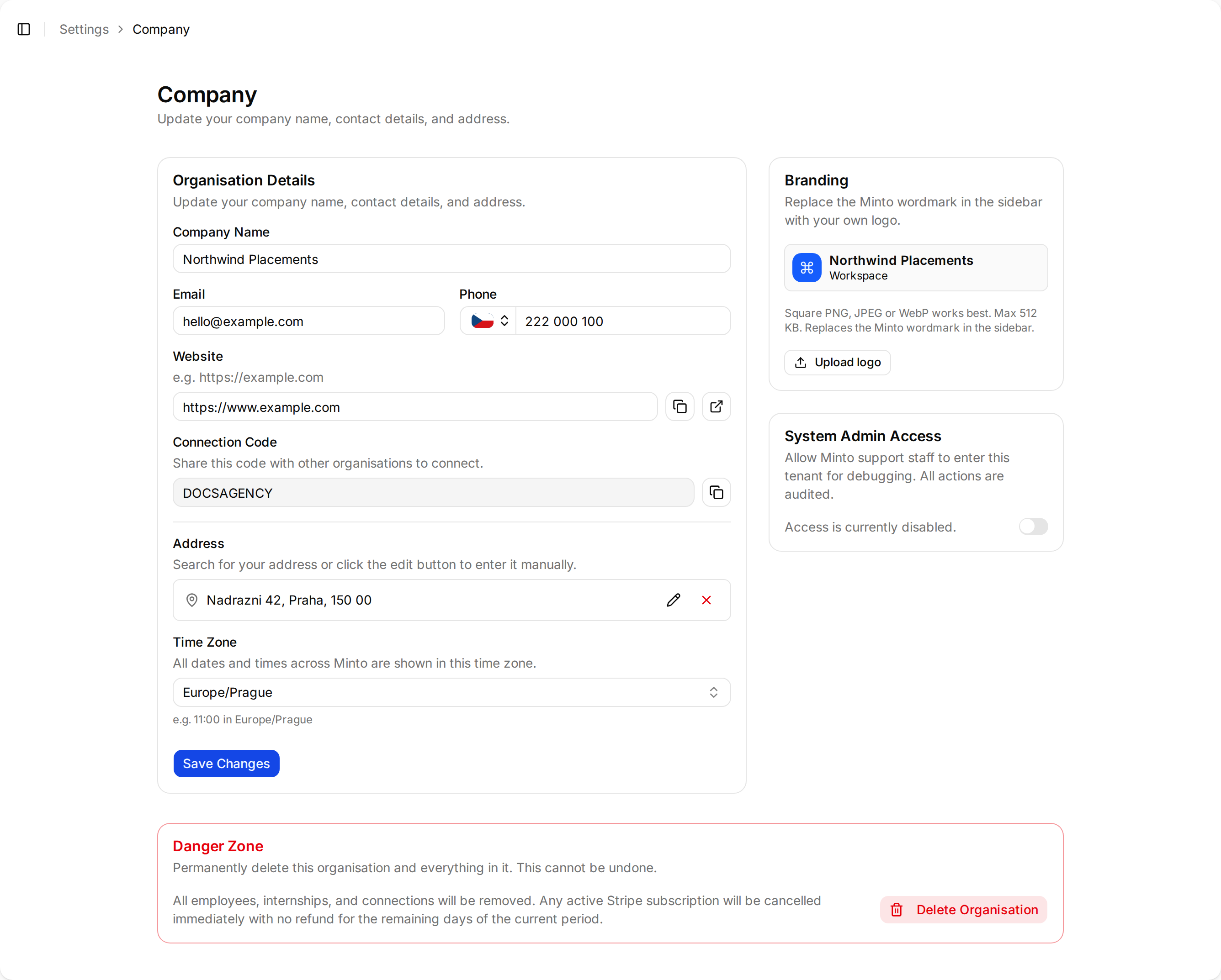 The Minto company settings page showing organisation details, connection code, address, time zone and branding.