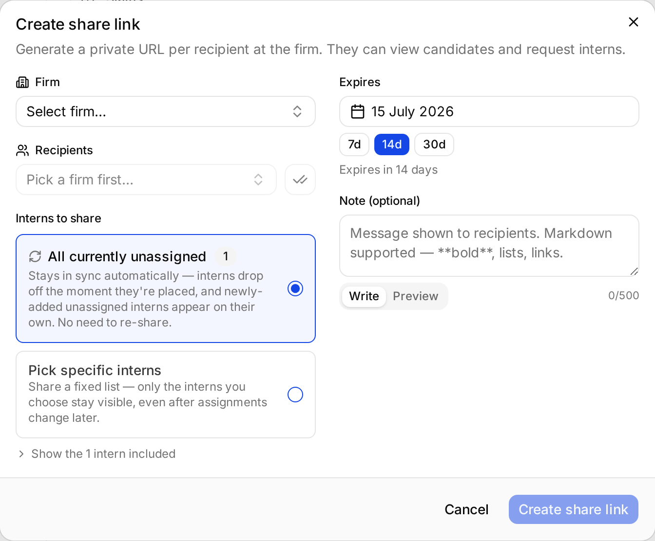 The Create share link dialog showing firm and recipient pickers, the two intern selection modes, expiry options and an optional note.