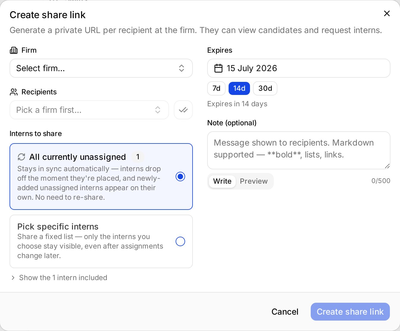 The Create share link dialog showing firm and recipient pickers, the two intern selection modes, expiry options and an optional note.