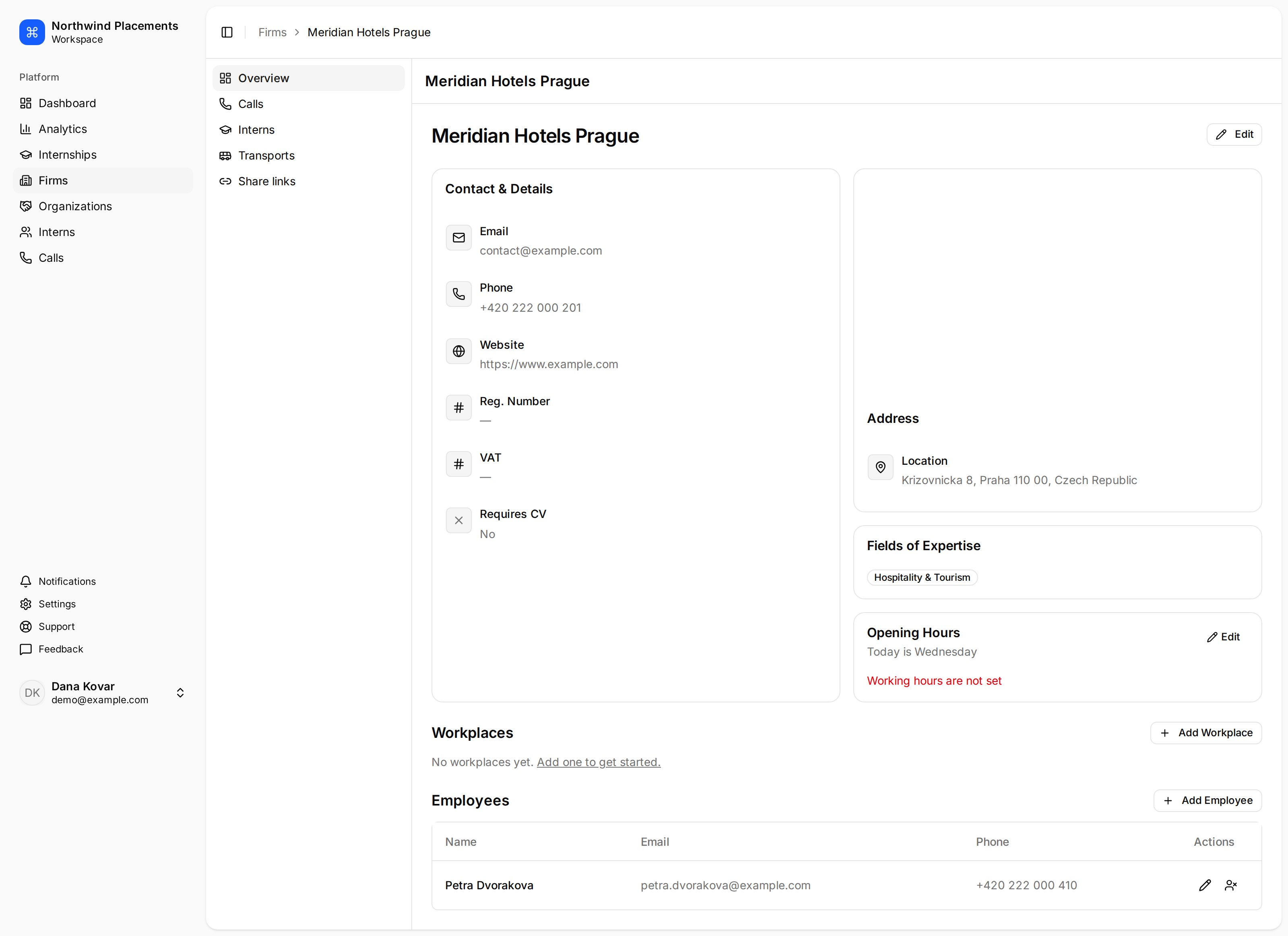 A Minto host firm page showing contact details, address, workplaces and employees, with tabs for calls, interns, transports and share links.