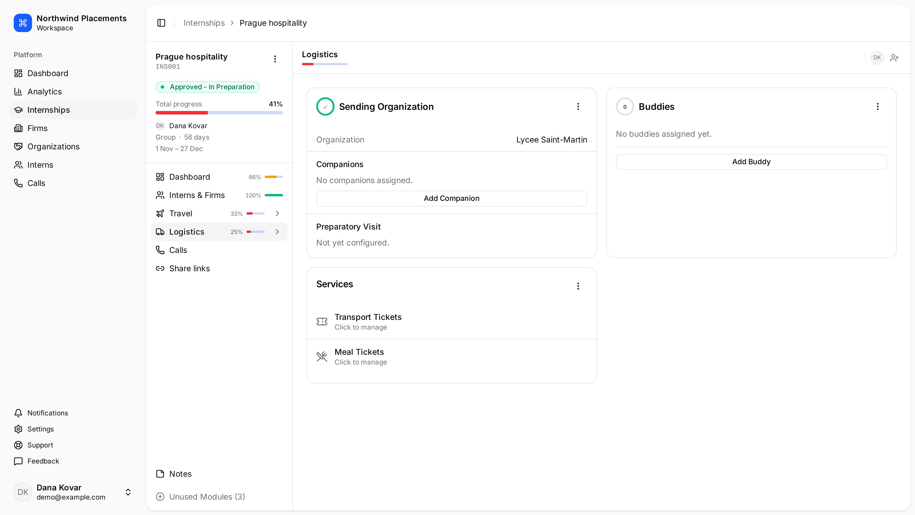The Logistics section of an internship showing the sending organization with its companions, buddies, and services.