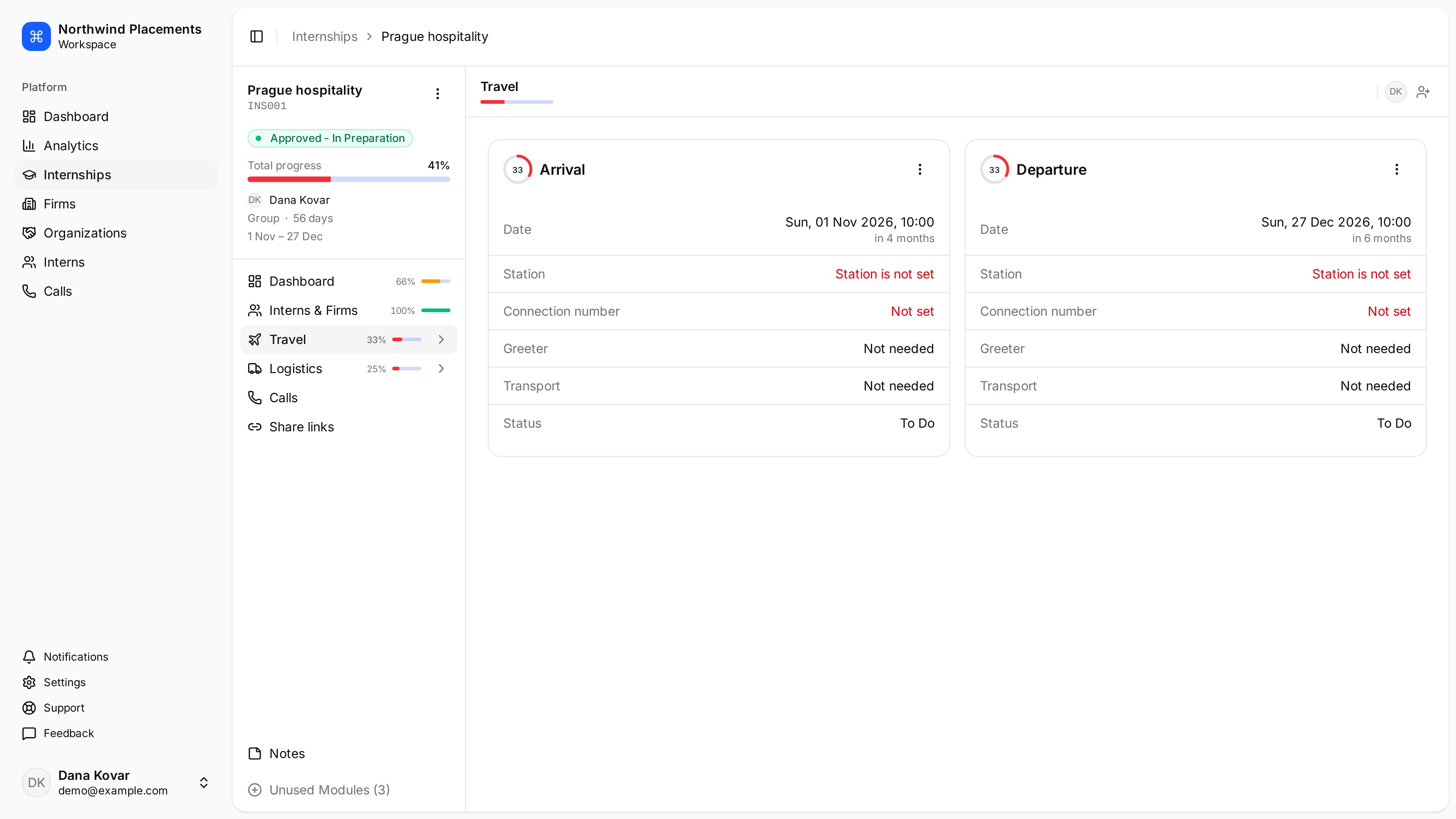The Travel section of an internship showing arrival and departure with date, station, connection number, greeter and status.