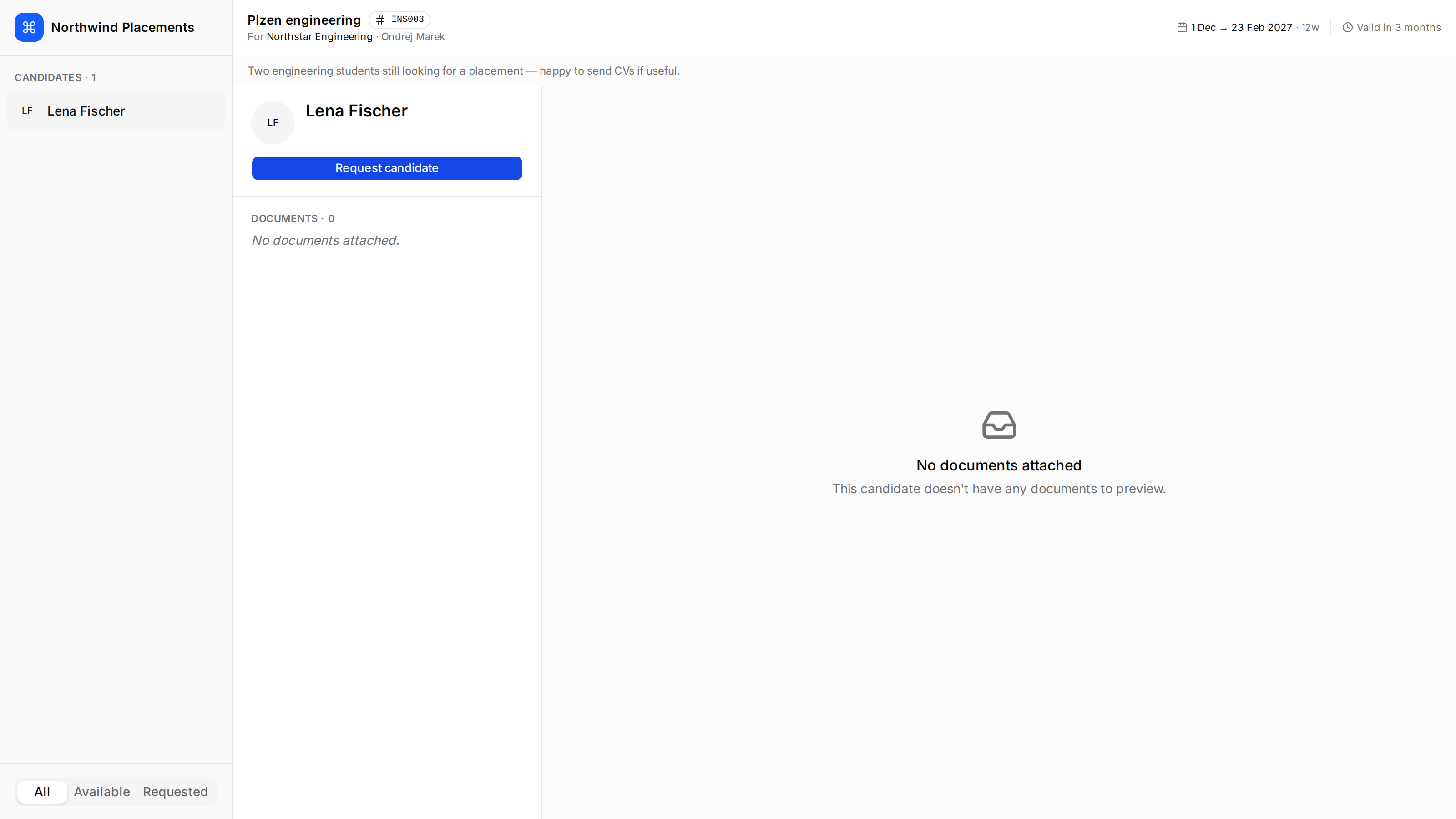 A Minto share link page showing one candidate, the internship name and dates, the agency's note, and a Request candidate button.