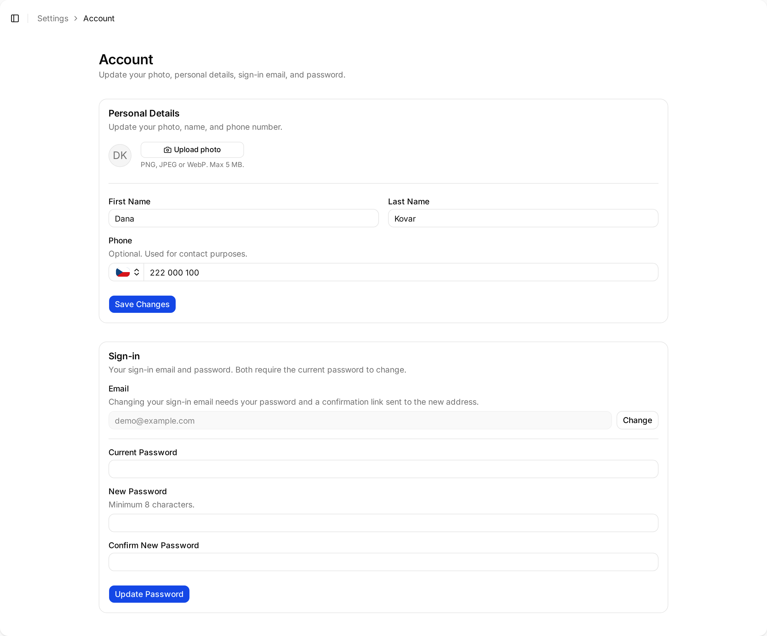The Minto account settings page showing personal details, photo upload, and the sign-in email and password sections.