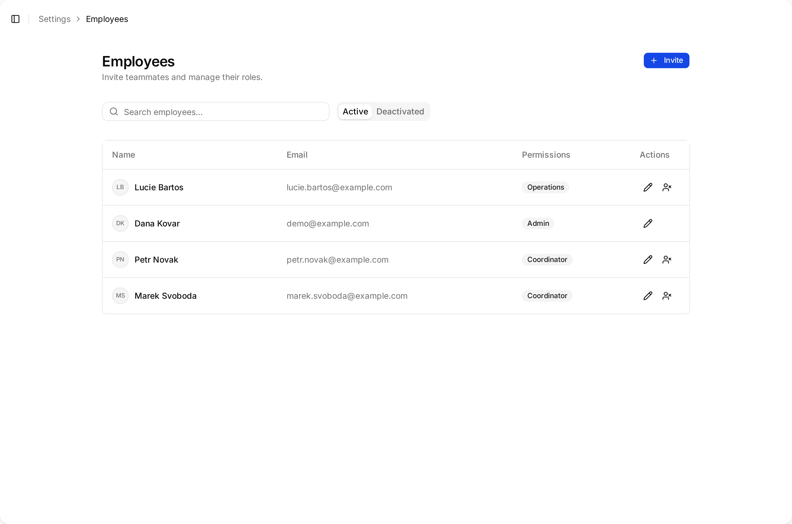The Minto employees settings page listing four colleagues with their email addresses and roles.