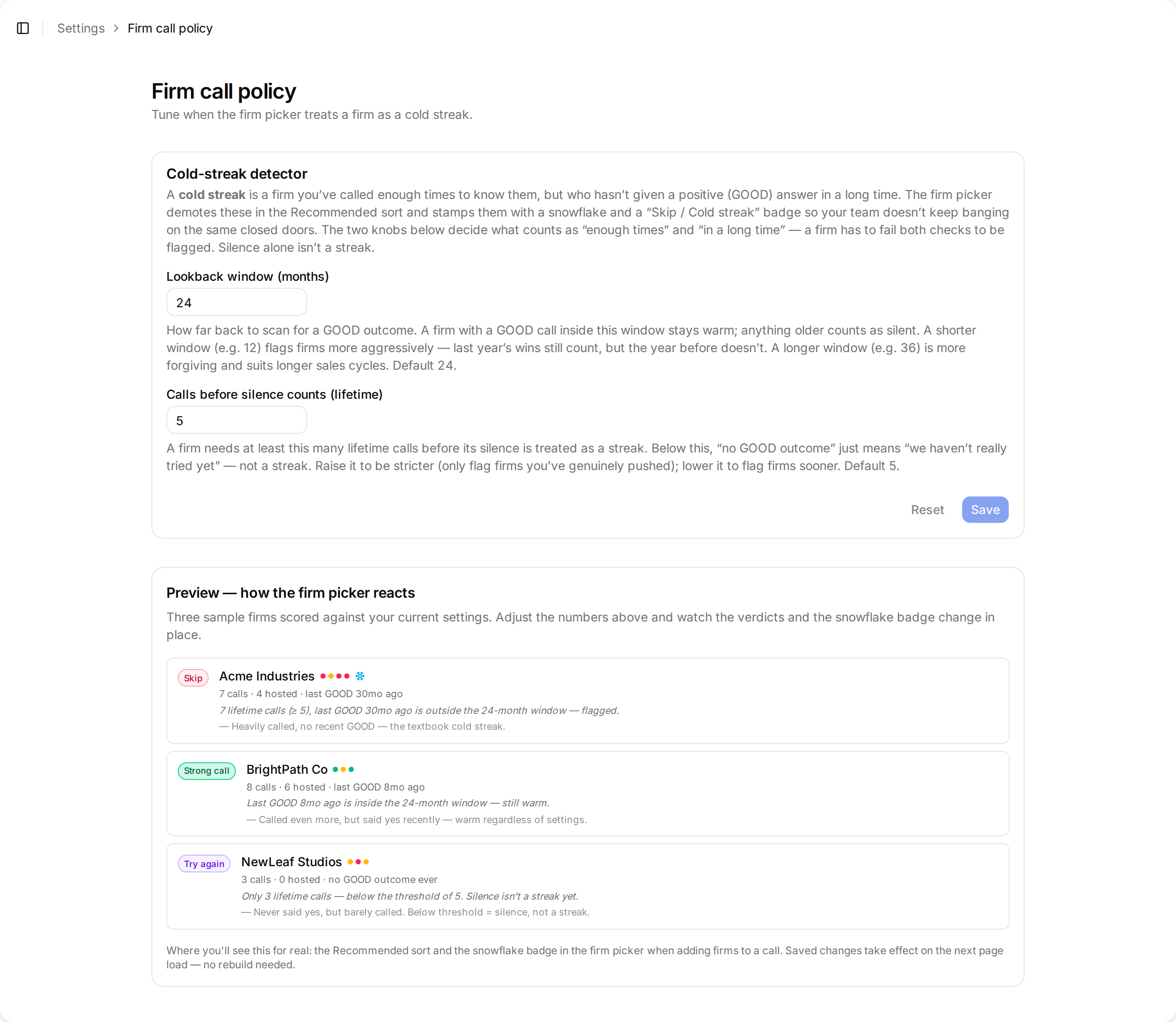 The Minto firm call policy settings showing the lookback window, lifetime call threshold, and a preview of three scored sample firms.