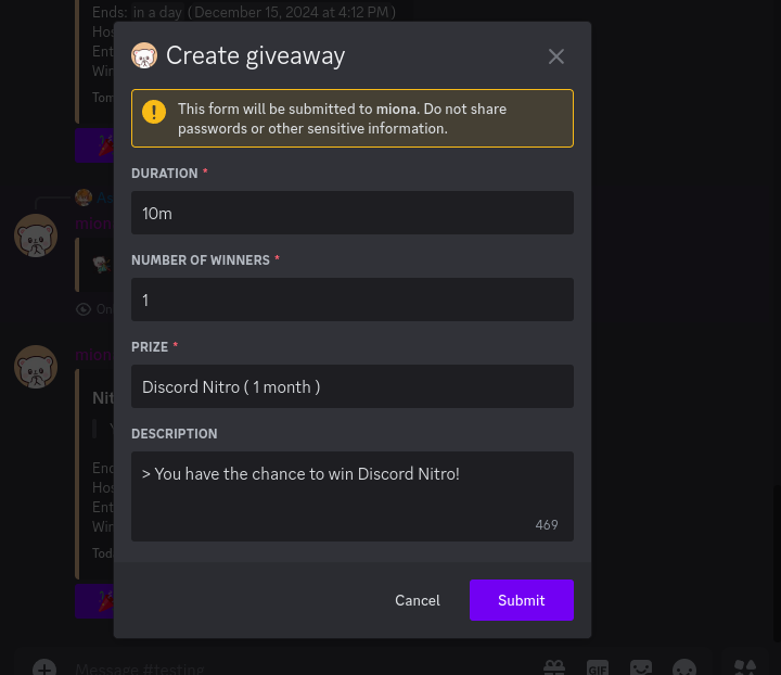 Giveaway form example