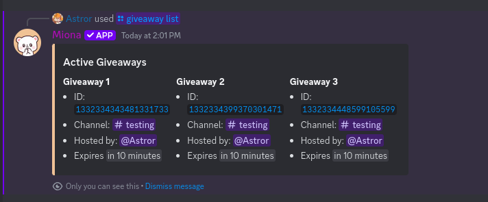 Active giveaways list