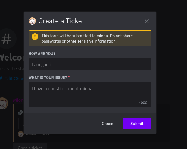 Example questions form