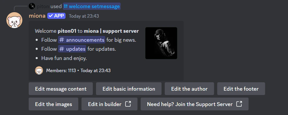 Editing welcome message with built-in editor