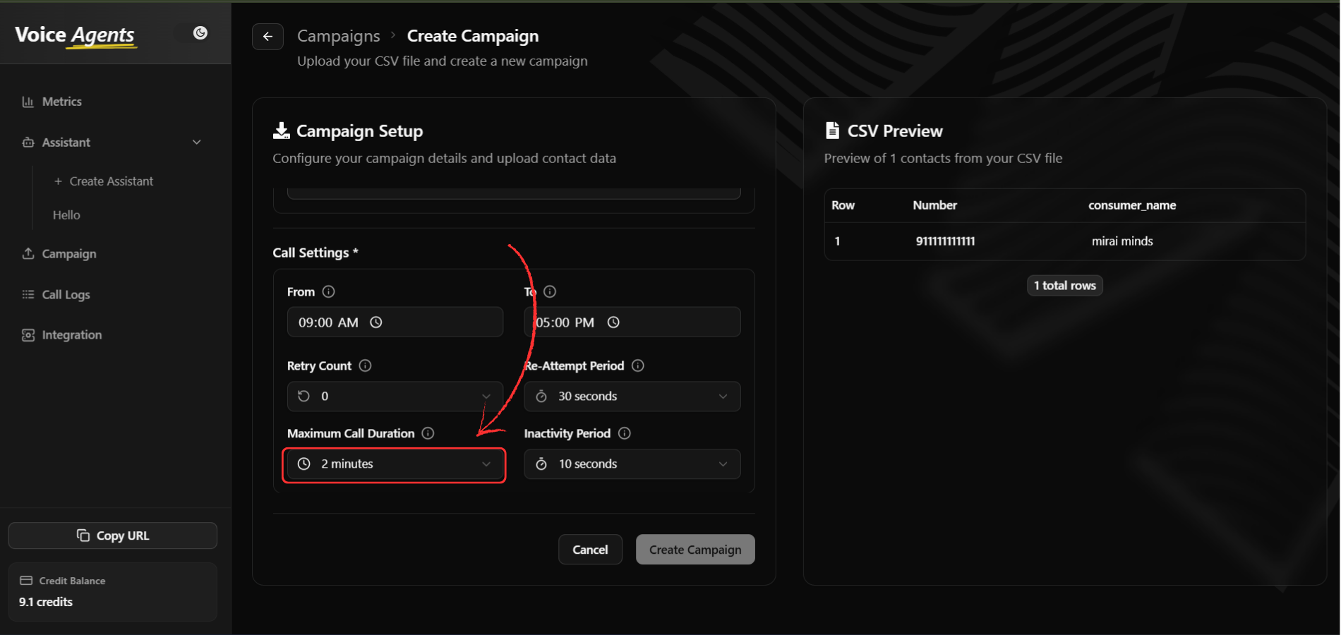 Maximum call duration settings