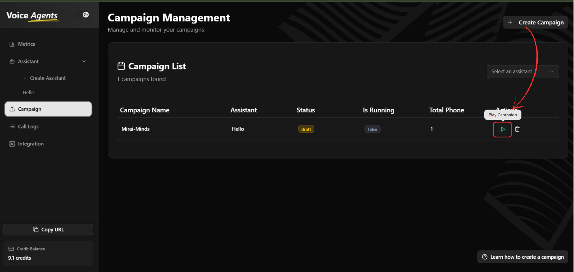 Campaign list with play button
