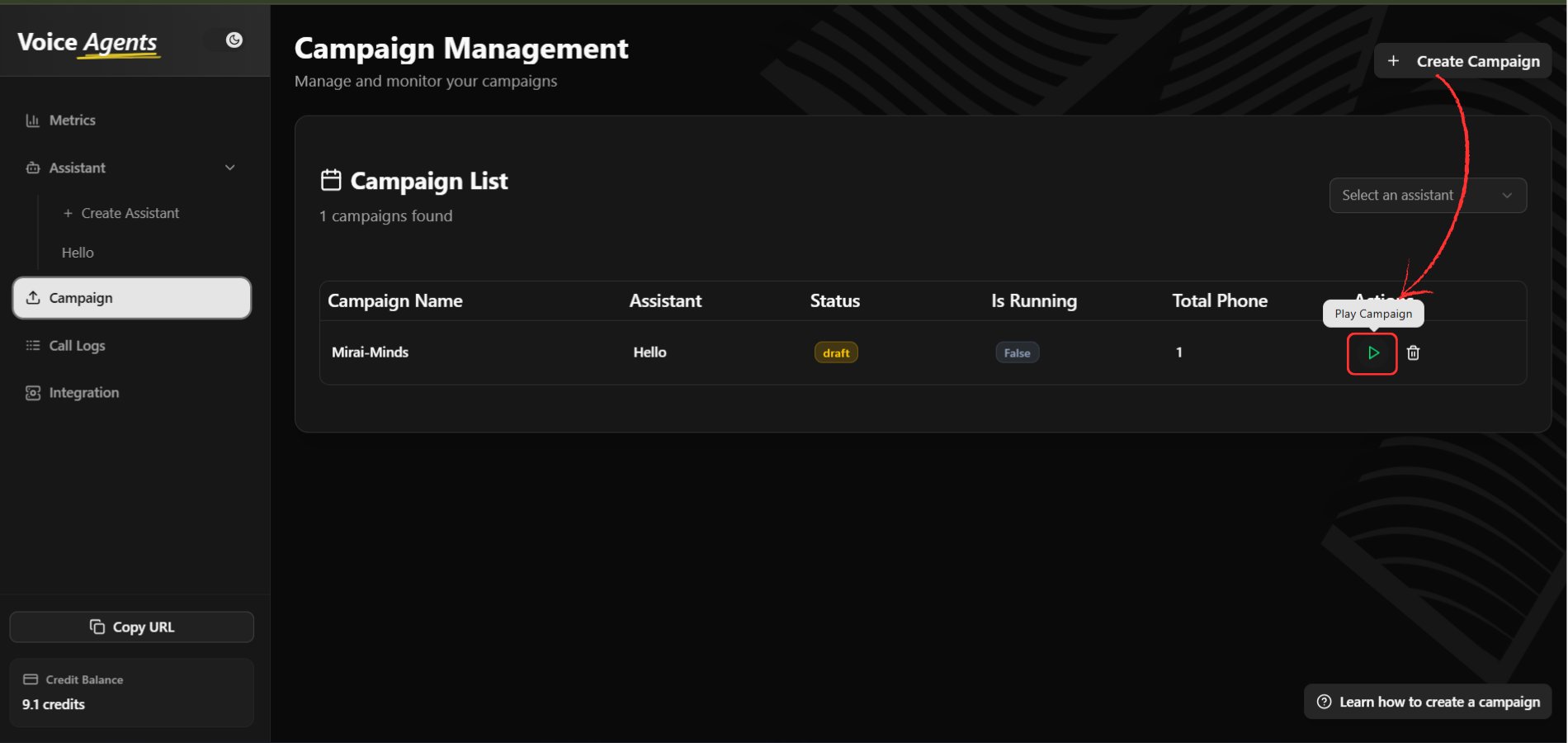 Campaign list with play button