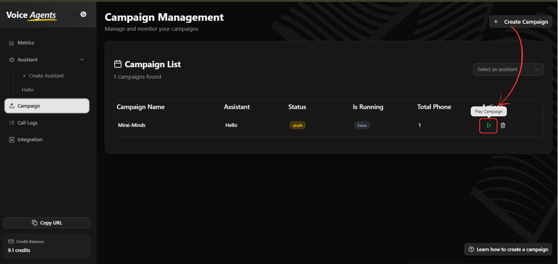 Campaign list with play button