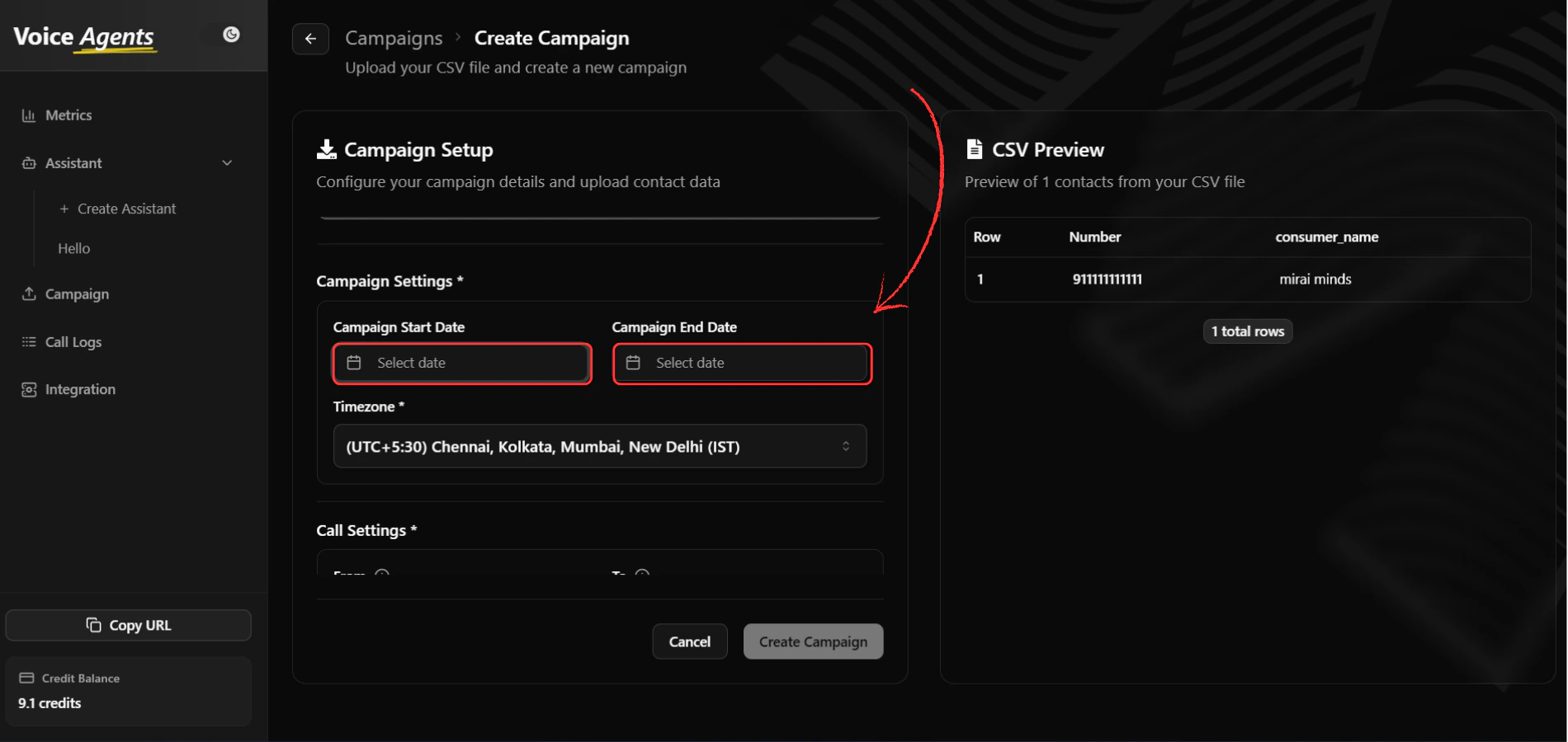 Date selection interface