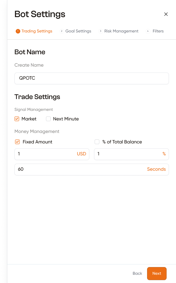 Bot Settings sidebar — Step 1 Trading Settings