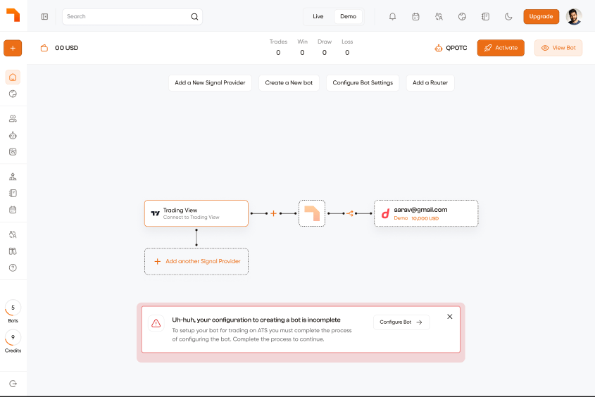 Create Bot page — signal provider and broker connected
