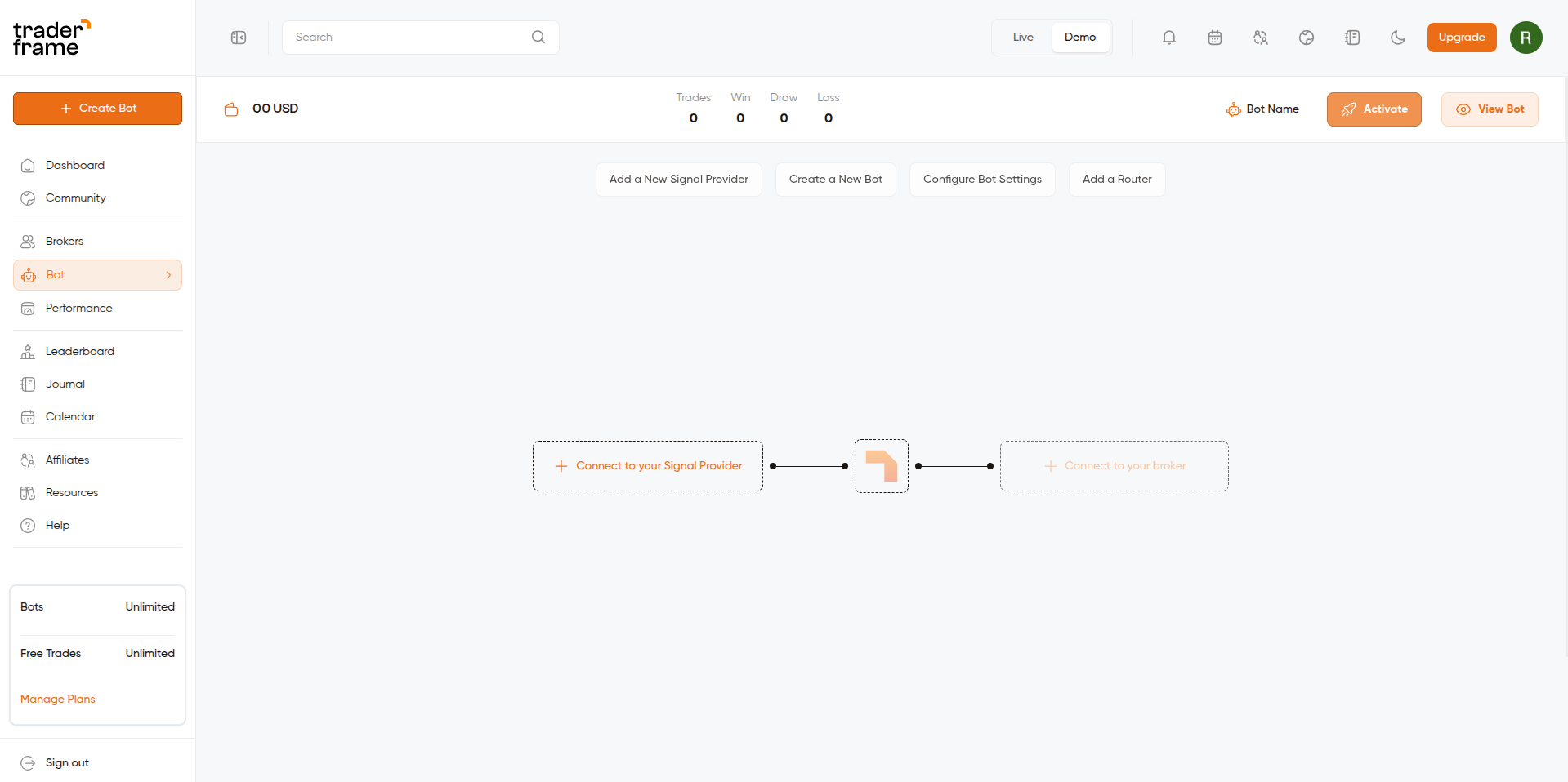 Create Bot page — empty state with dashed nodes