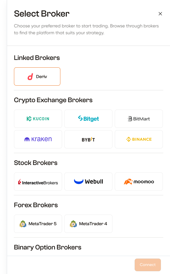 Broker selection sidebar showing all categories