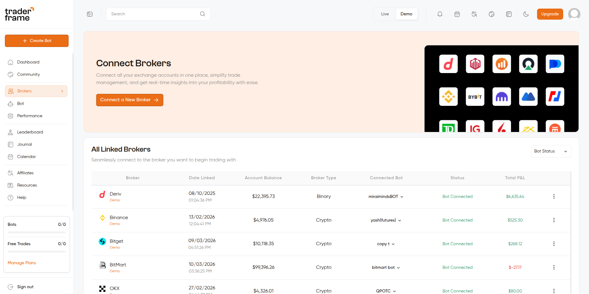Brokers page — full view with connect banner and linked brokers table