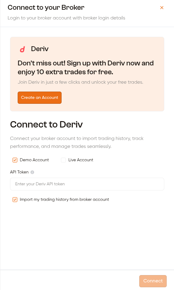 Deriv connection form — API token field and account mode