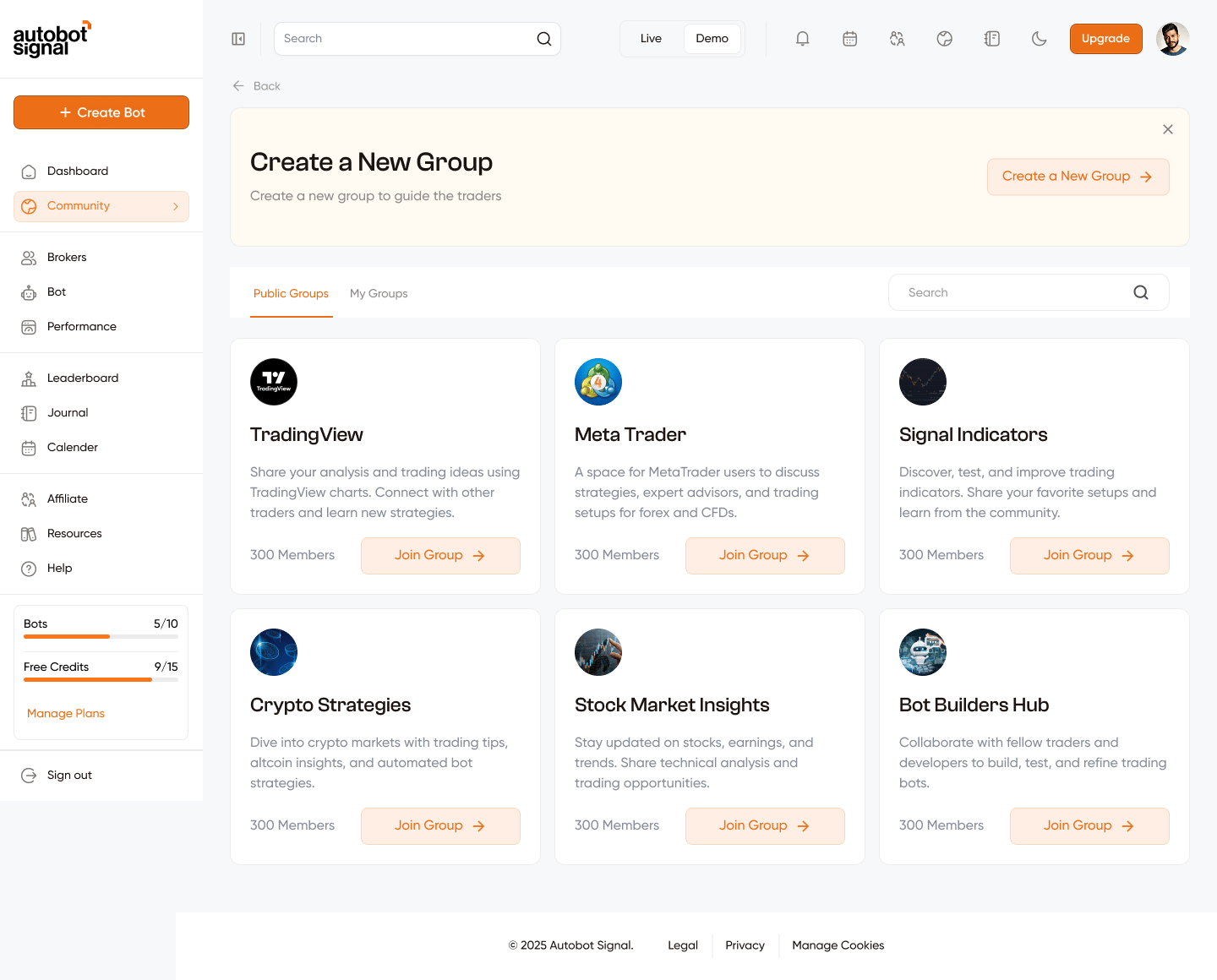 Community Groups page — Create a New Group banner and Public Groups