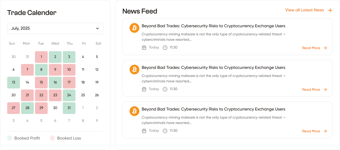 Trade Calendar and News Feed side by side